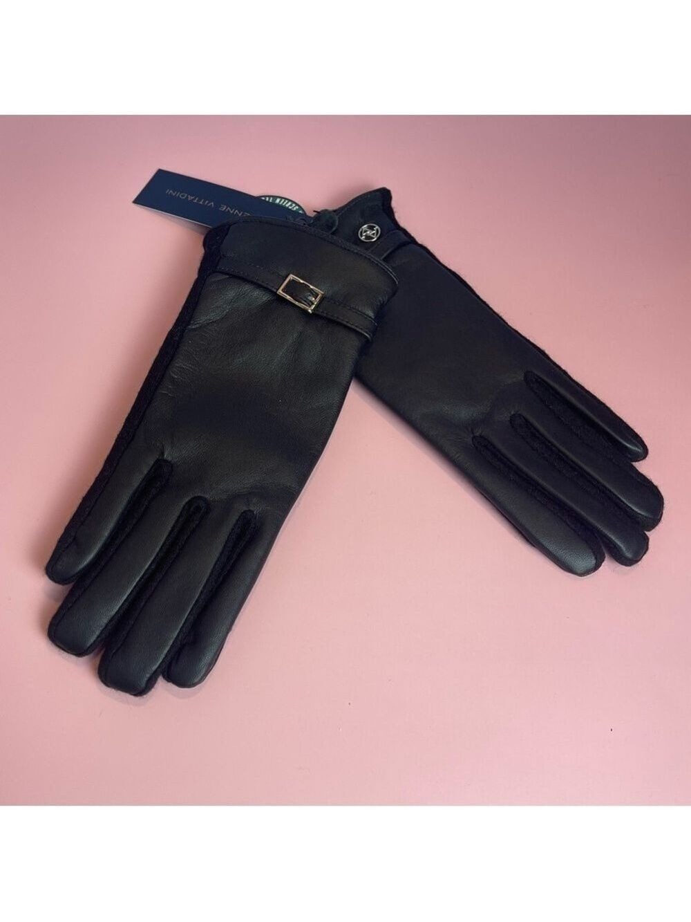 Adrienne Vittadini Black Leather Gloves Touchscreen Wool blend lining S/M NWT